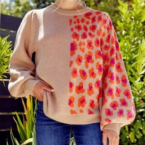 Jodifl Women's Sweater Sz Large Beige Hot Pink Orange Animal Print Puff Sleeves